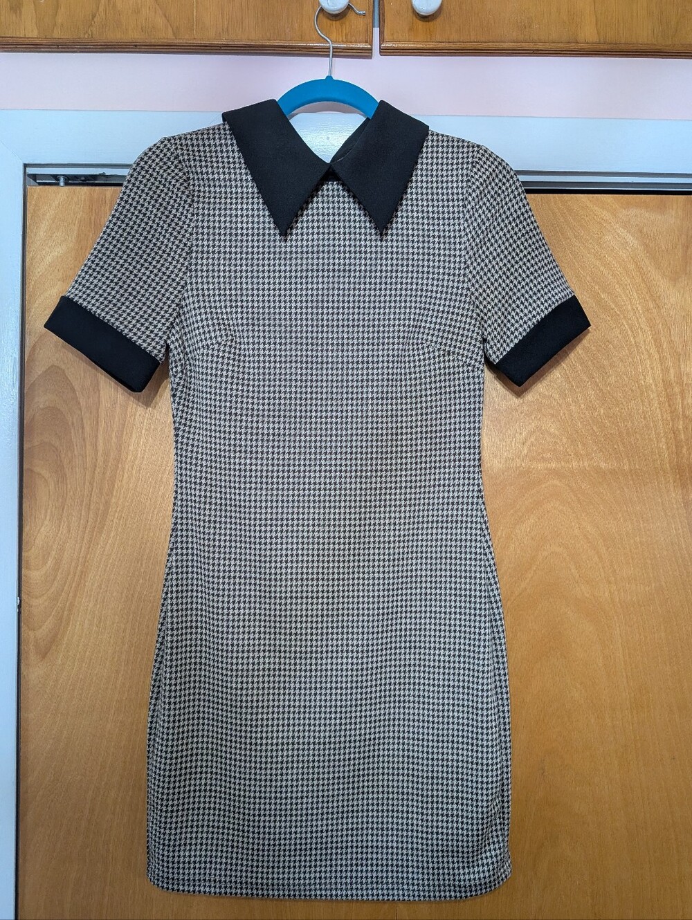 Black & Cream Houndstooth Short Sleeve Dress with Peter Pan Collar